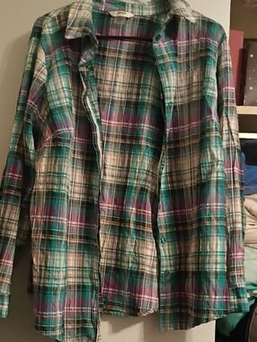 Alia Plaid Button-Down Shirt in Teal, Purple, White